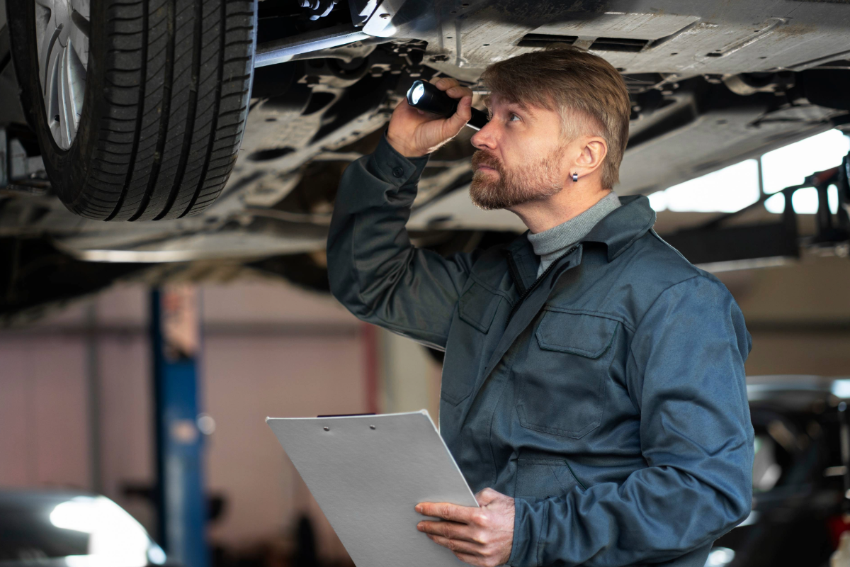 zu sehen ist ein KFZ Mitarbeiter, der das Auto von unten mit einer Taschenlampe anschaut